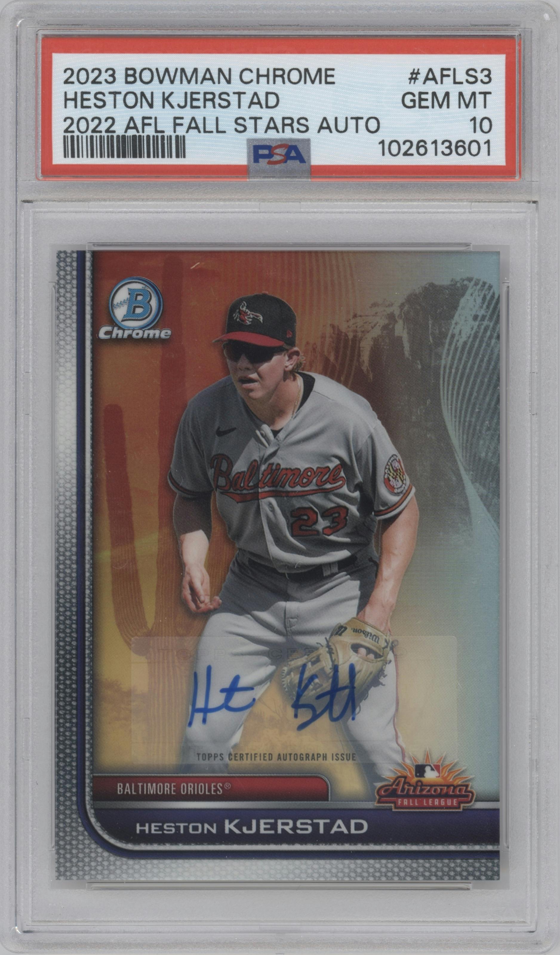 Heston Kjerstad from the 2023 Bowman Chrome set graded by PSA and given an overall grade of 10.