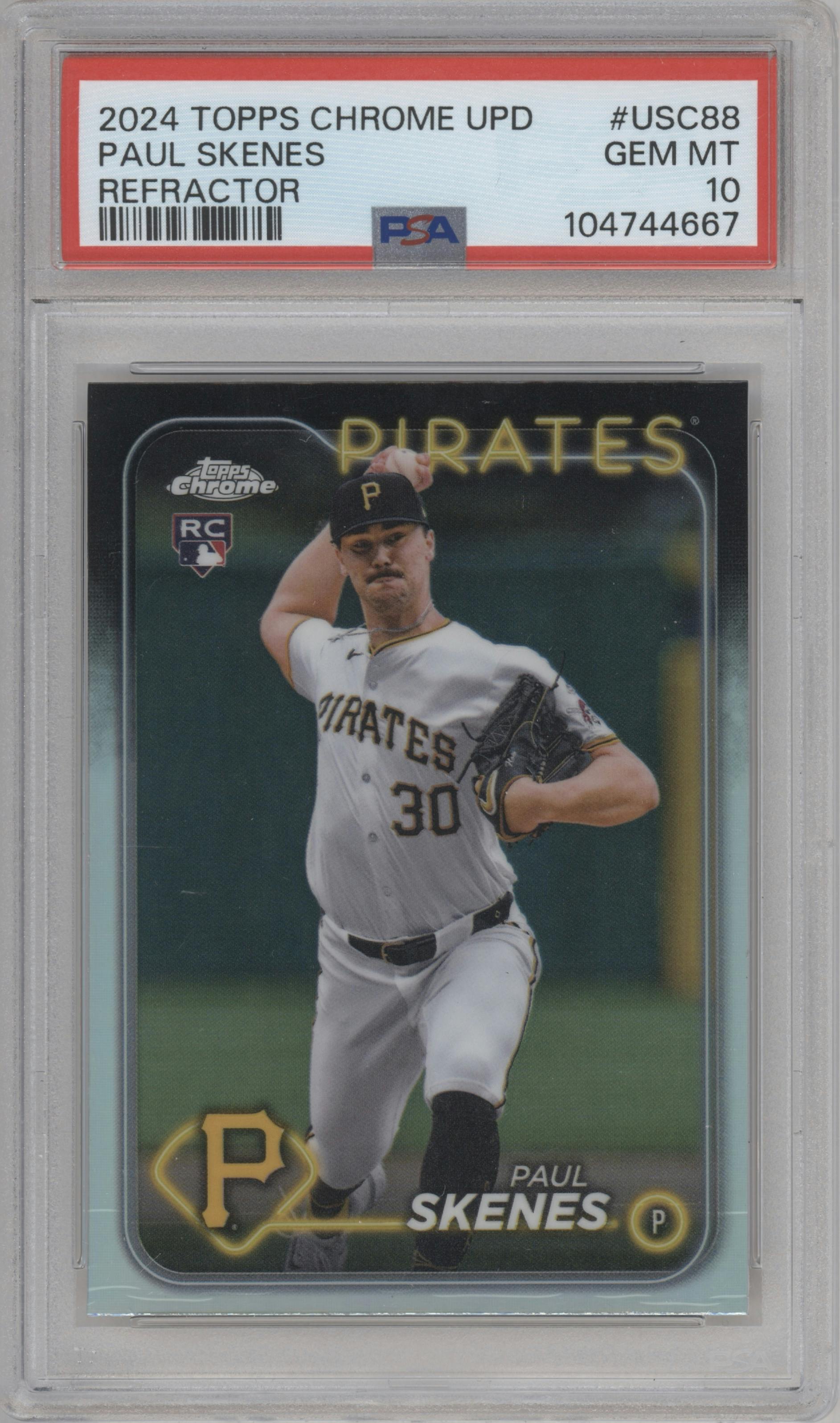 Paul Skenes from the 2024 Topps Chrome Update set featuring a Refractor parallel graded by PSA and given an overall grade of 10.