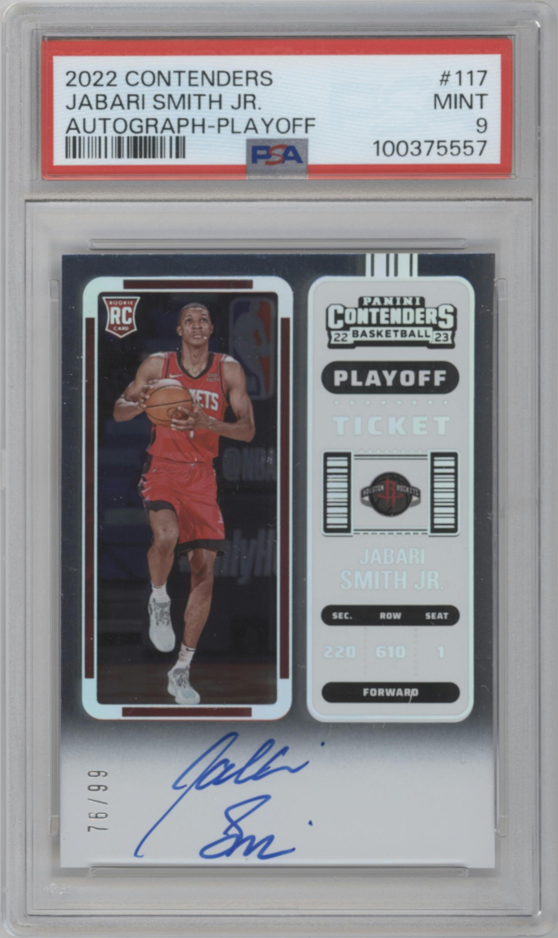 Jabari Smith Jr from the 2022-23 Panini Contenders set featuring a Playoff parallel graded by PSA and given an overall grade of 9.