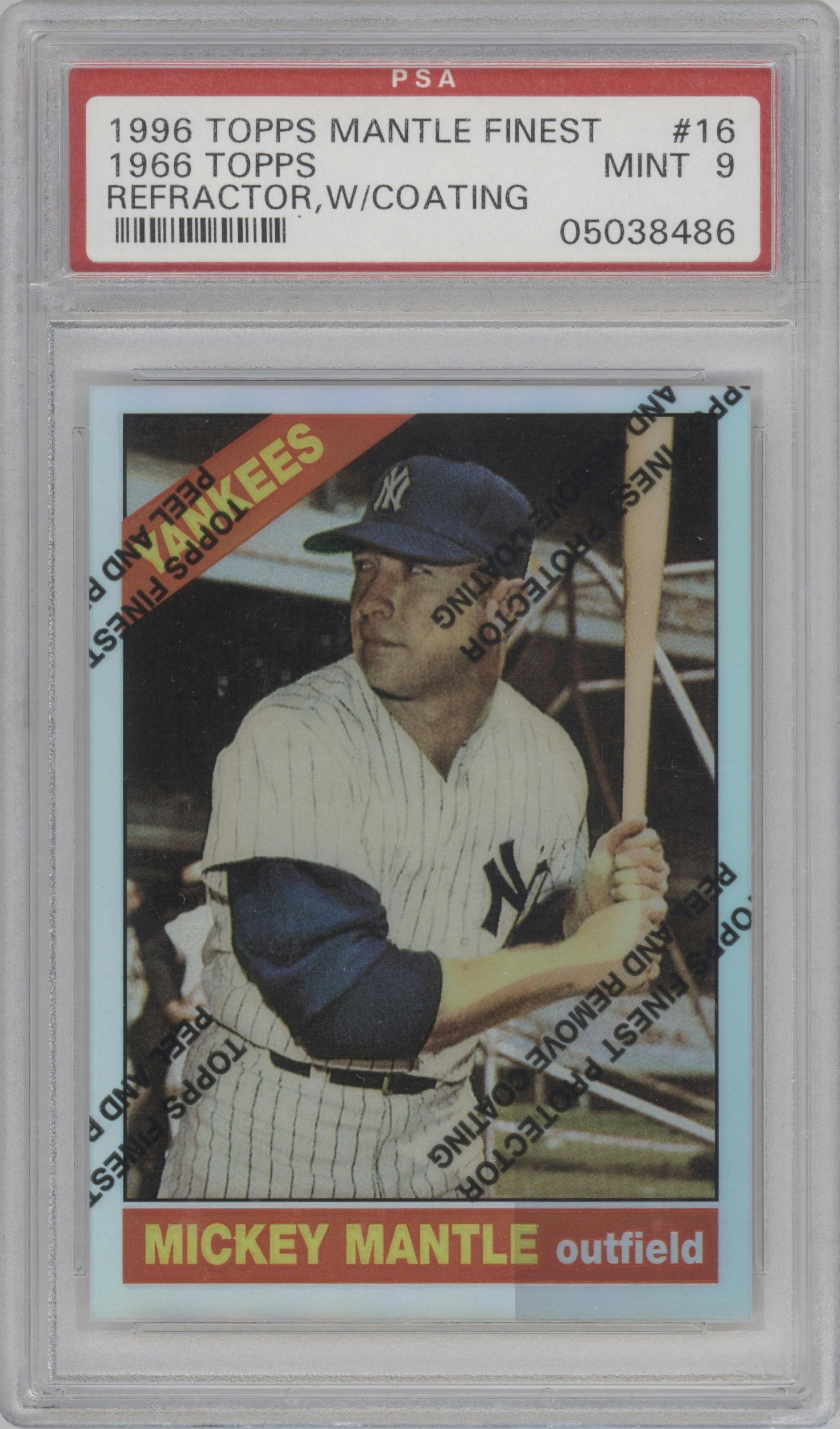 Mickey Mantle from the 1996 Topps set featuring a Refractor W/ Coating parallel graded by PSA and given an overall grade of 9.