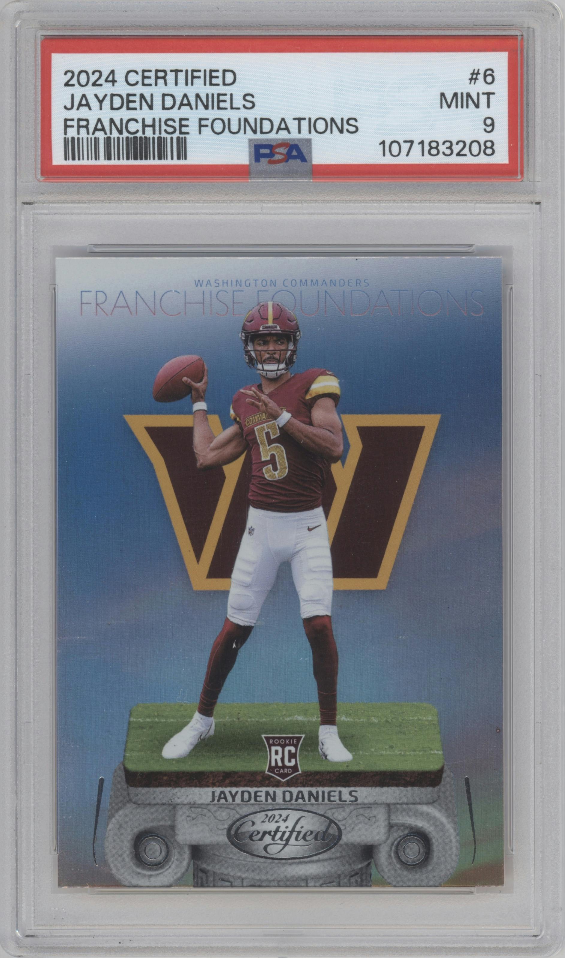 Jayden Daniels from the 2024 Panini Certified set graded by PSA and given an overall grade of 9.