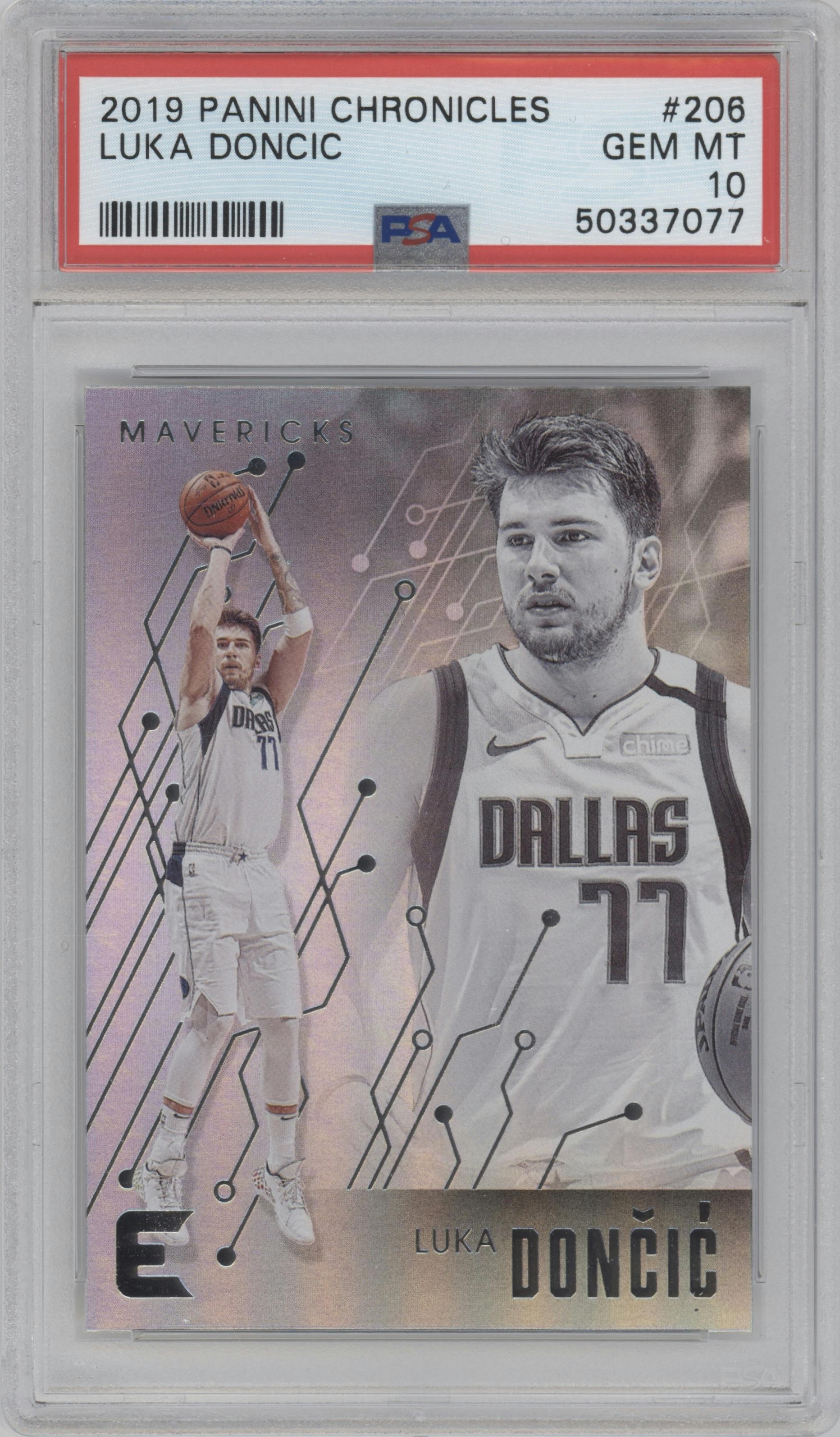 Luka Doncic from the 2019-20 Panini Chronicles  set graded by PSA and given an overall grade of 10.