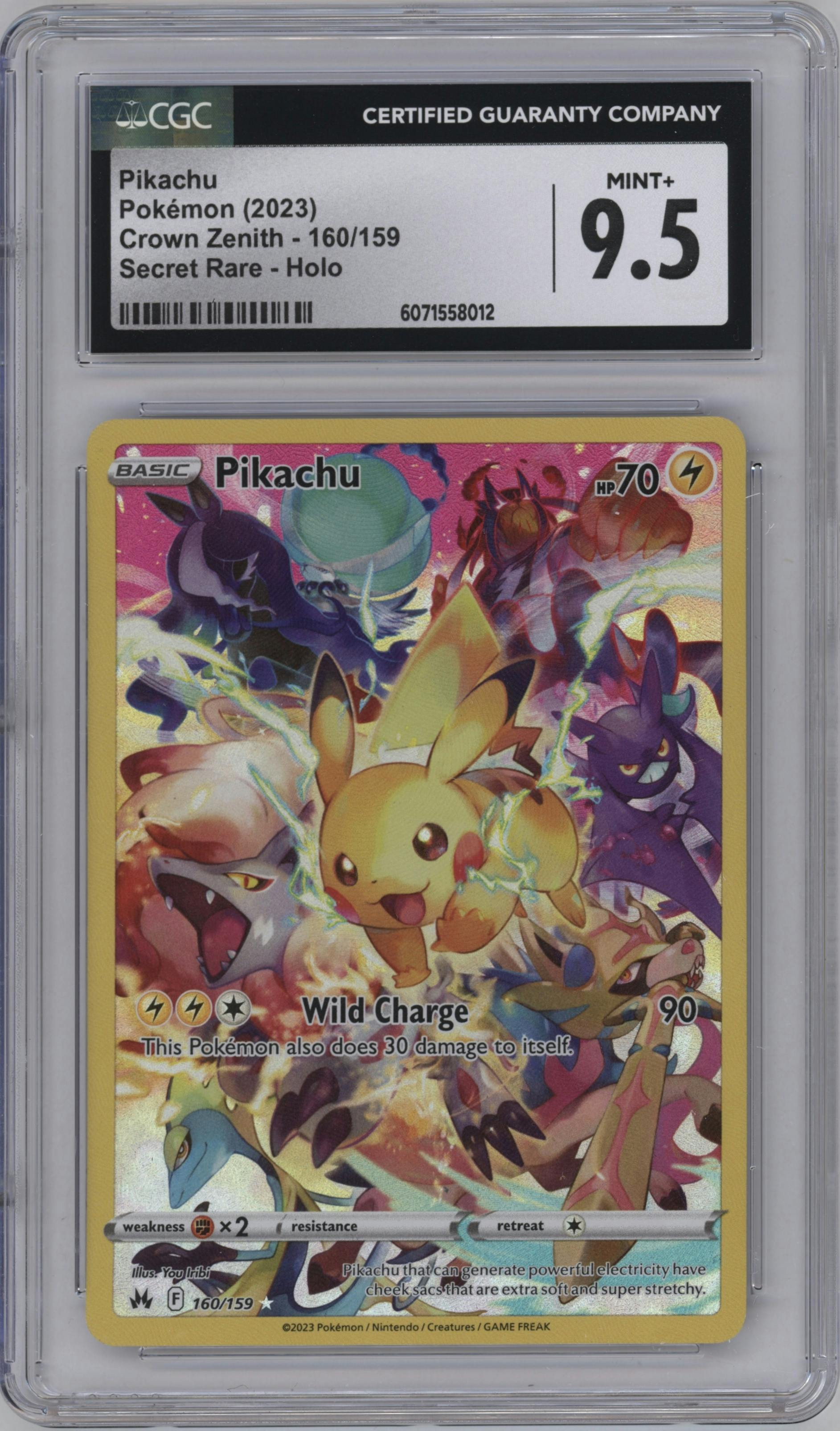 Pikachu  from the 2023 Pokemon SWSH set graded by CSG and given an overall grade of 9.5.