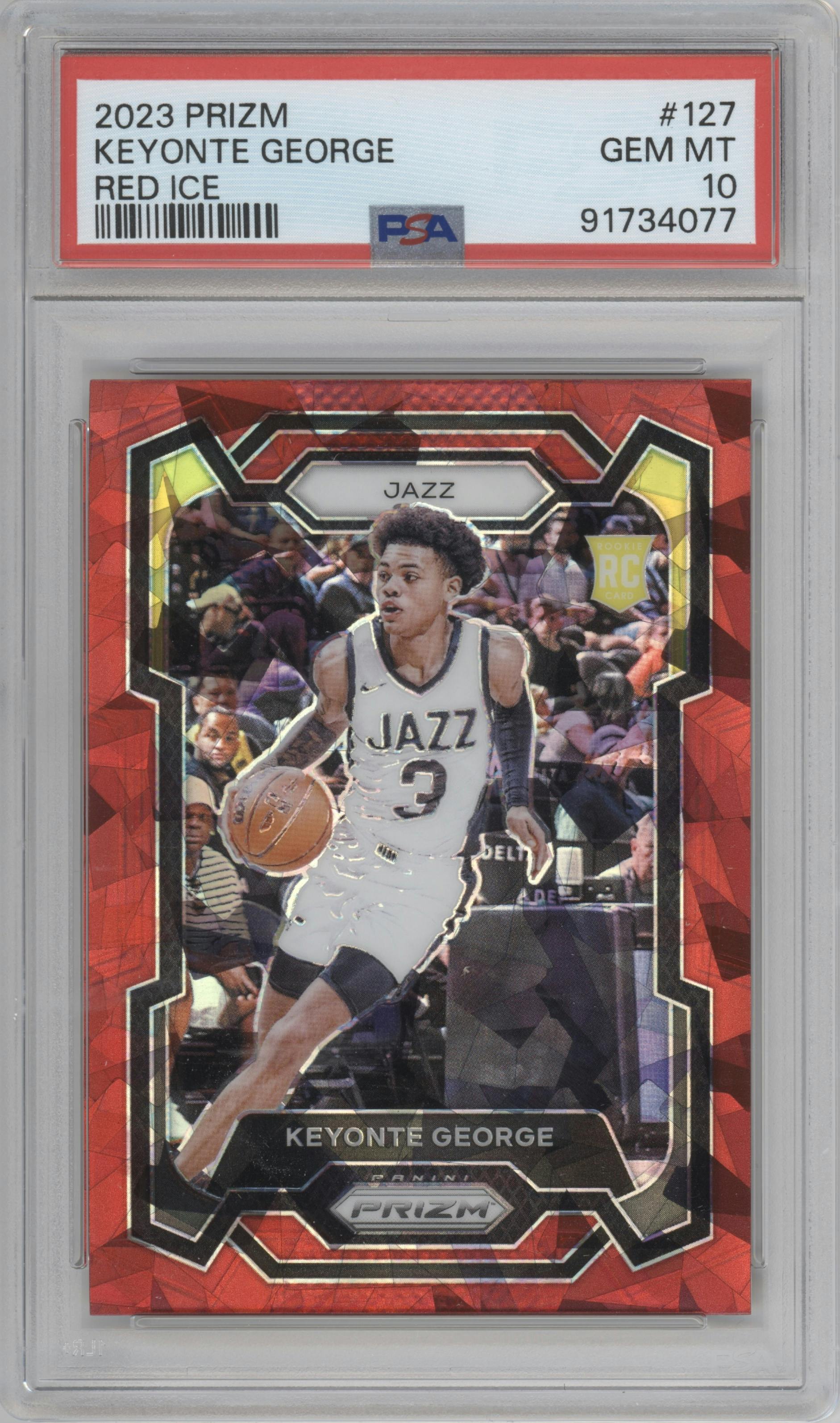 Keyonte George from the 2023-24 Panini Prizm set featuring a Red Ice parallel graded by PSA and given an overall grade of 10.