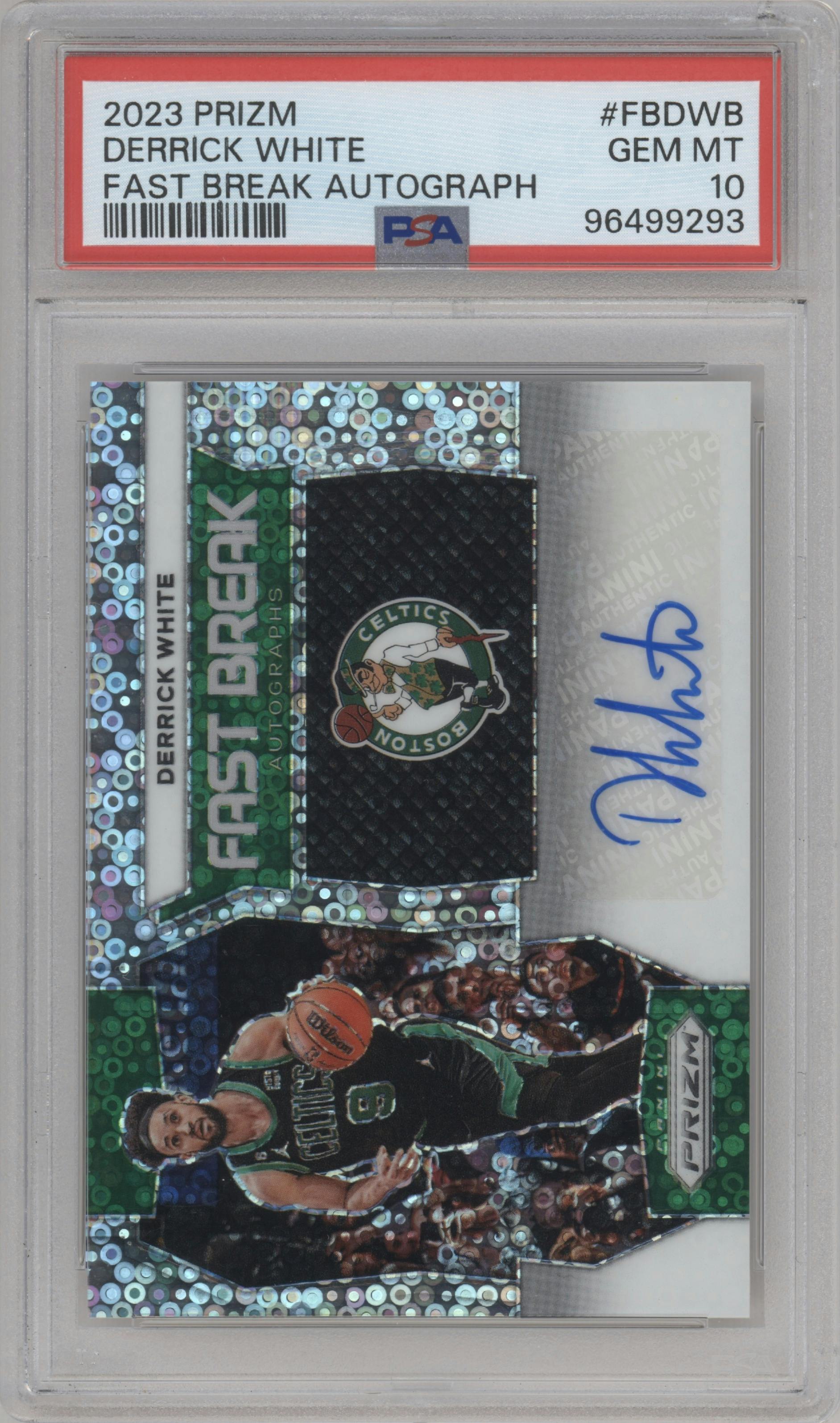 Derrick White from the 2023-24 Panini Prizm set graded by PSA and given an overall grade of 10.