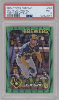 Jackson Chourio from the 2024 Topps Chrome set featuring a Green Raywave Refractor parallel graded by PSA and given an overall grade of 9.
