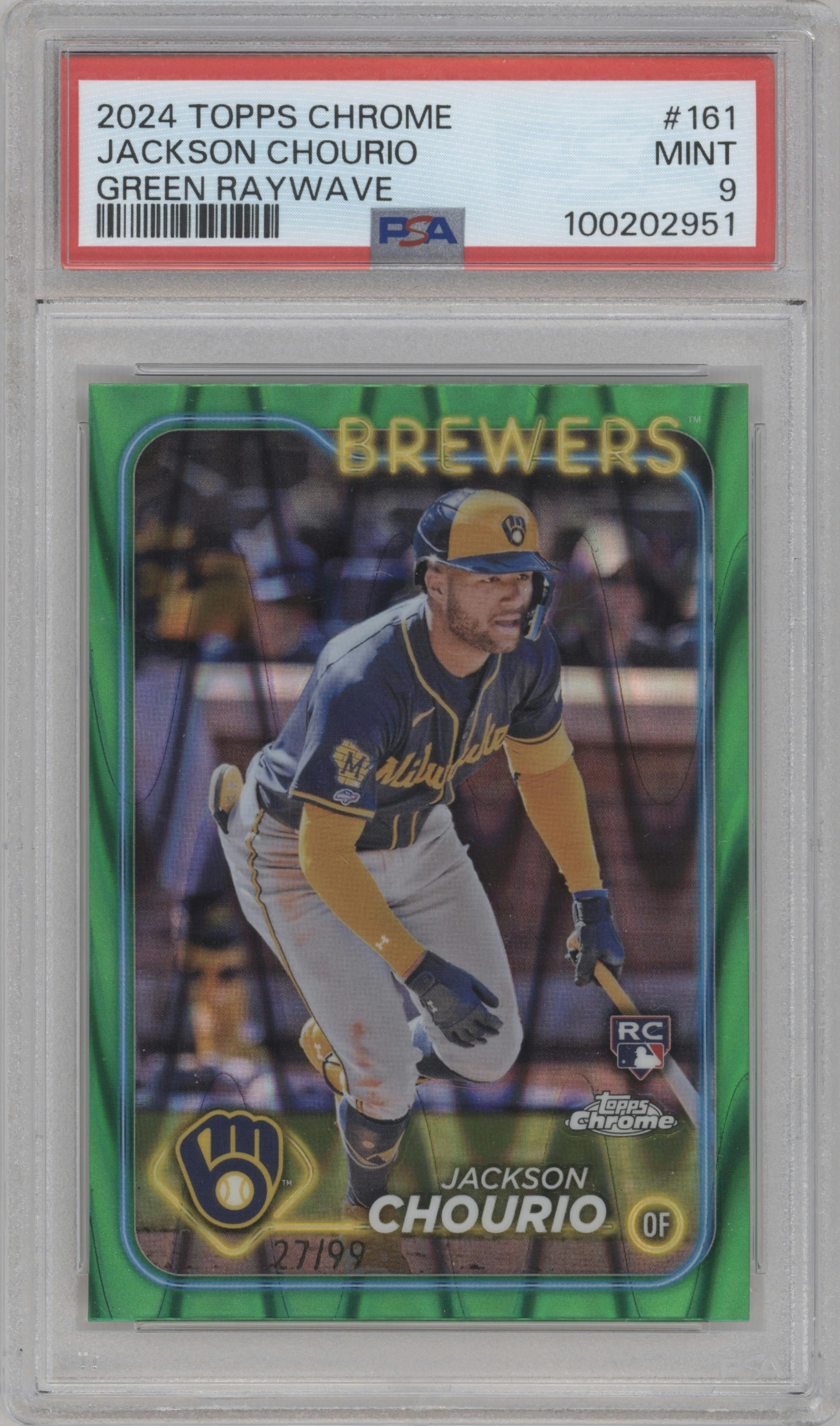 Jackson Chourio from the 2024 Topps Chrome set featuring a Green Raywave Refractor parallel graded by PSA and given an overall grade of 9.