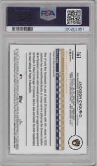 Jackson Chourio from the 2024 Topps Chrome set featuring a Green Raywave Refractor parallel graded by PSA and given an overall grade of 9.