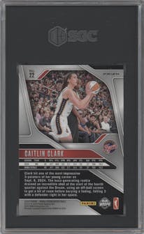 Caitlin Clark from the 2024 Panini Prizm WNBA set featuring a Blue Velocity parallel graded by SGC and given an overall grade of 9.5.