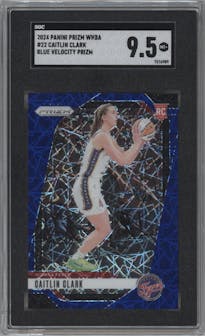 Caitlin Clark from the 2024 Panini Prizm WNBA set featuring a Blue Velocity parallel graded by SGC and given an overall grade of 9.5.