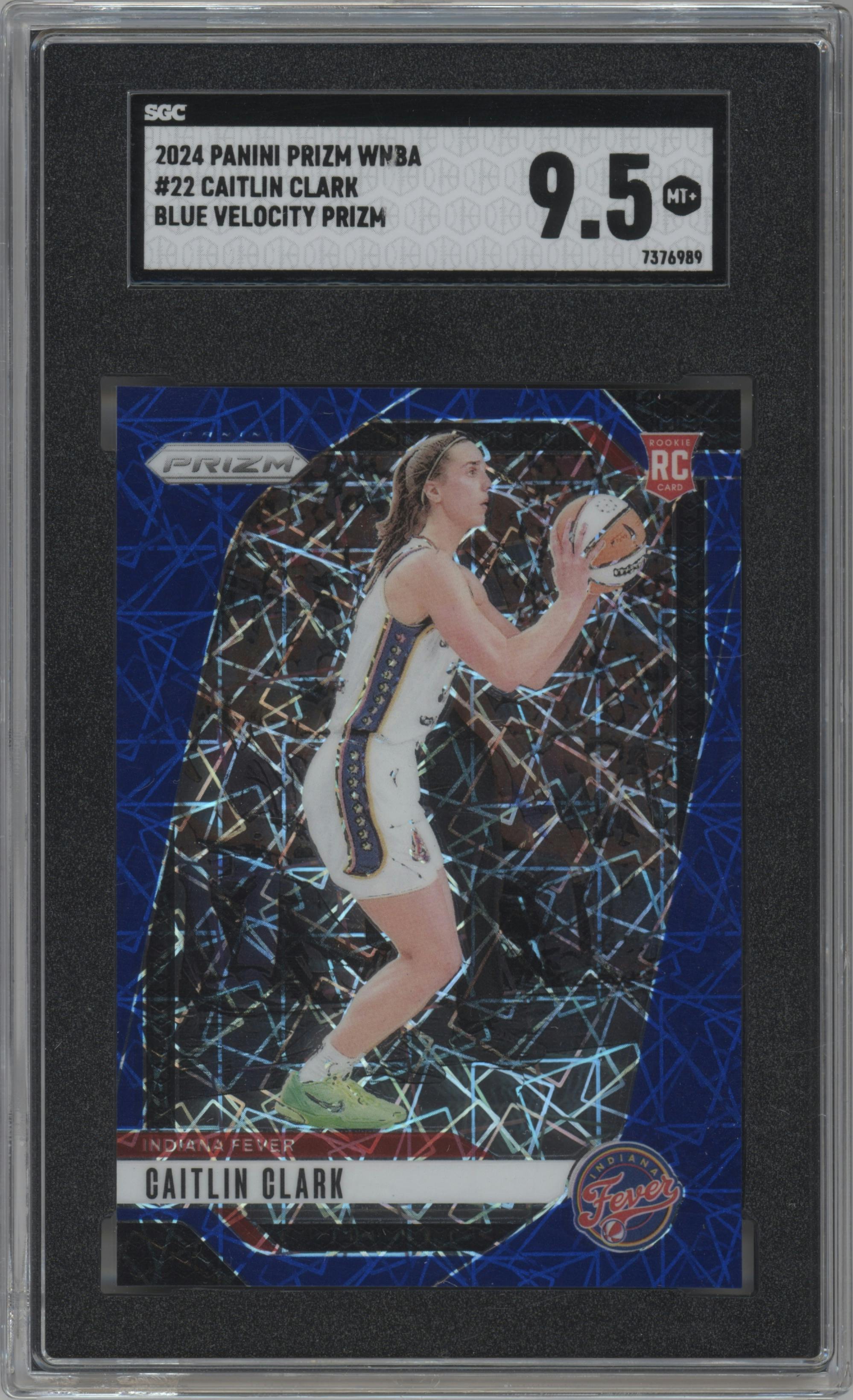 Caitlin Clark from the 2024 Panini Prizm WNBA set featuring a Blue Velocity parallel graded by SGC and given an overall grade of 9.5.
