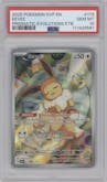 Eevee from the 2025 Pokemon SV set featuring a Prismatic Evolutions Elite Trainer Box parallel graded by PSA and given an overall grade of 10.
