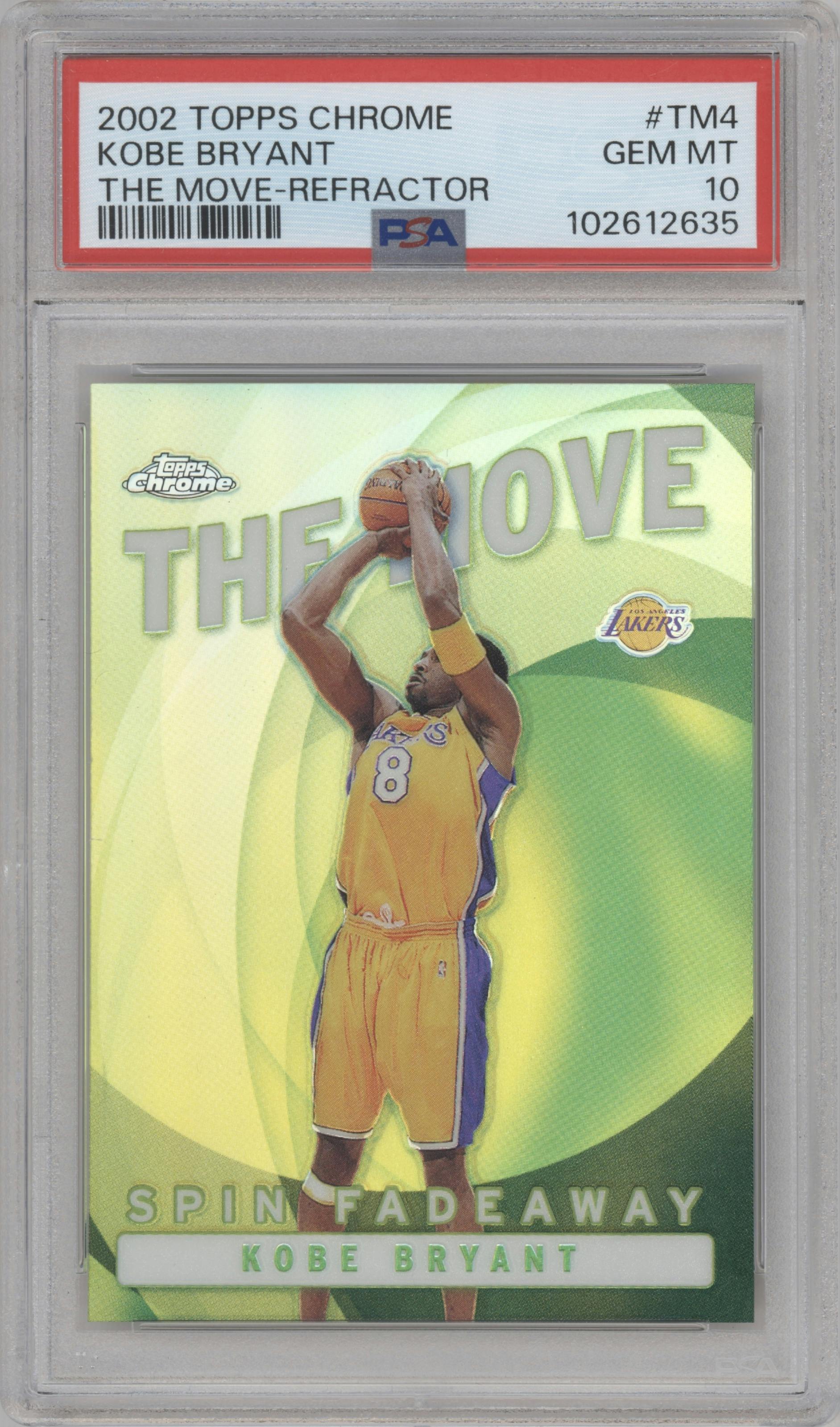Kobe Bryant from the 2002-03 Topps Chrome set featuring a Refractor parallel graded by PSA and given an overall grade of 10.