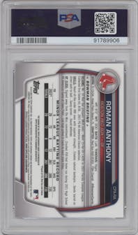 Roman Anthony from the 2023 Bowman set featuring a Blue Lunar Crater Refractor parallel graded by PSA and given an overall grade of 10.