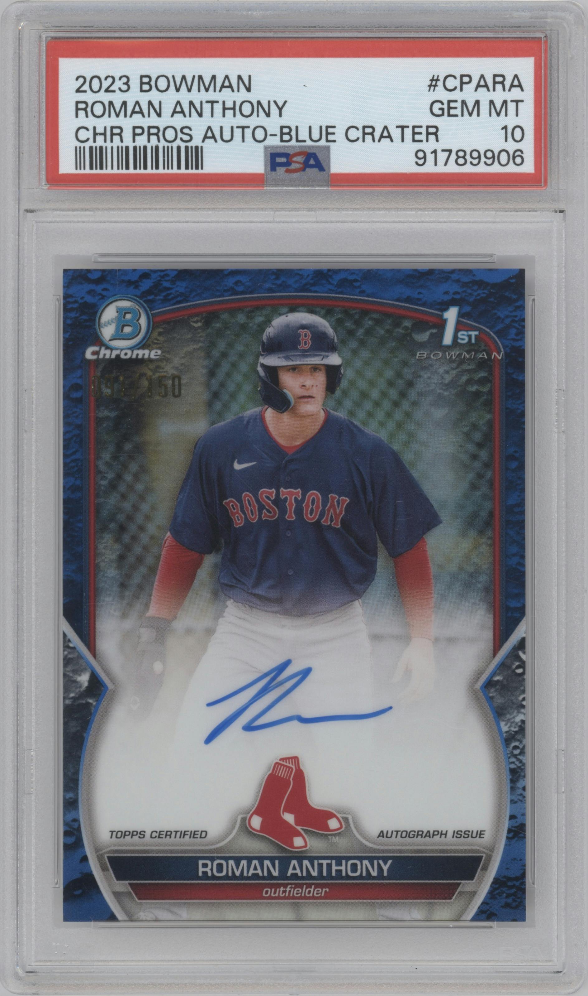 Roman Anthony from the 2023 Bowman  set featuring a Blue Lunar Crater Refractor parallel graded by PSA and given an overall grade of 10.