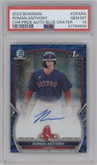 Roman Anthony from the 2023 Bowman set featuring a Blue Lunar Crater Refractor parallel graded by PSA and given an overall grade of 10.
