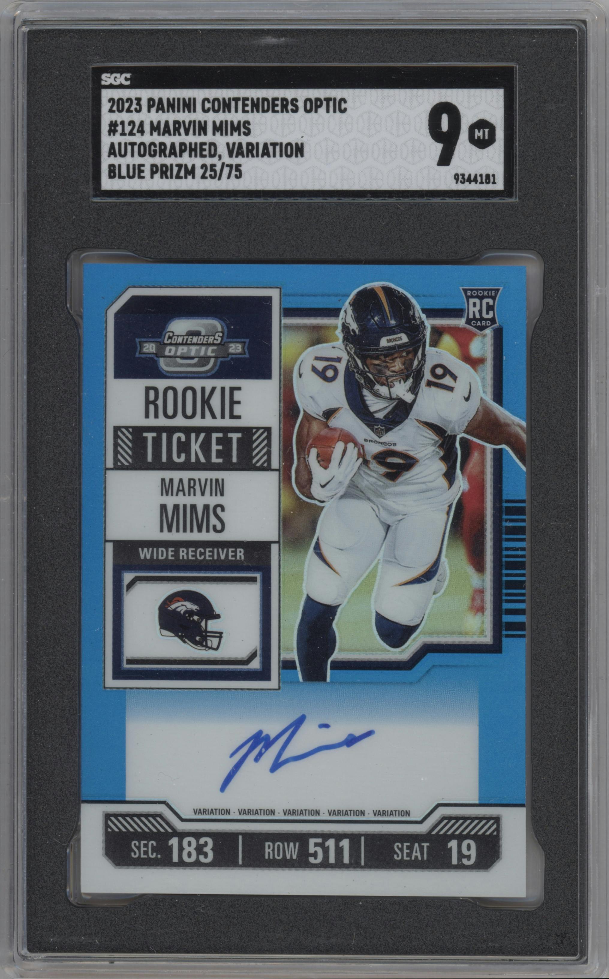 Marvin Mims from the 2023 Panini Contenders Optic set featuring a Teal parallel graded by SGC and given an overall grade of 9.
