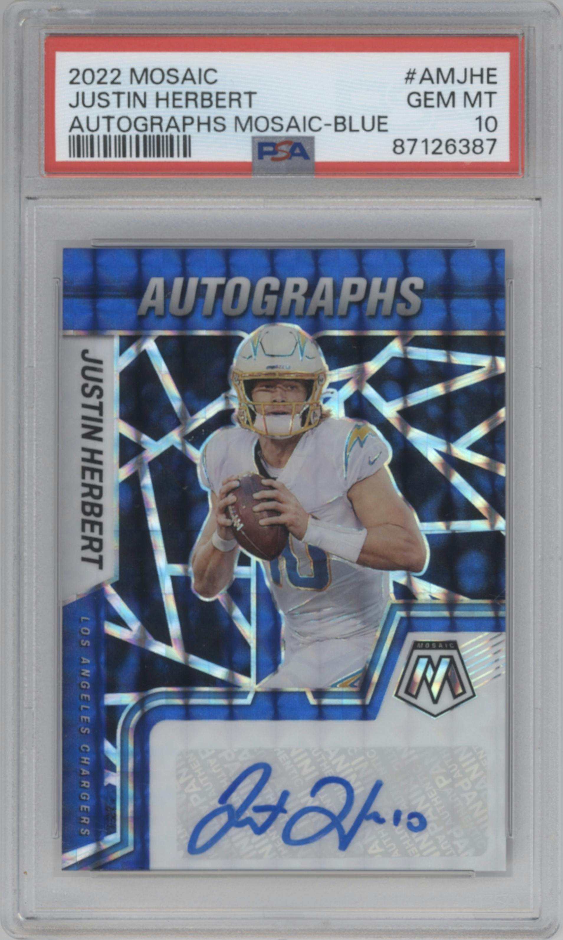Justin Herbert from the 2022 Panini Mosaic set featuring a Blue Mosaic parallel graded by PSA and given an overall grade of 10.