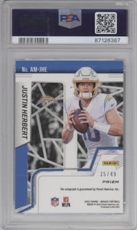 Justin Herbert from the 2022 Panini Mosaic set featuring a Blue Mosaic parallel graded by PSA and given an overall grade of 10.