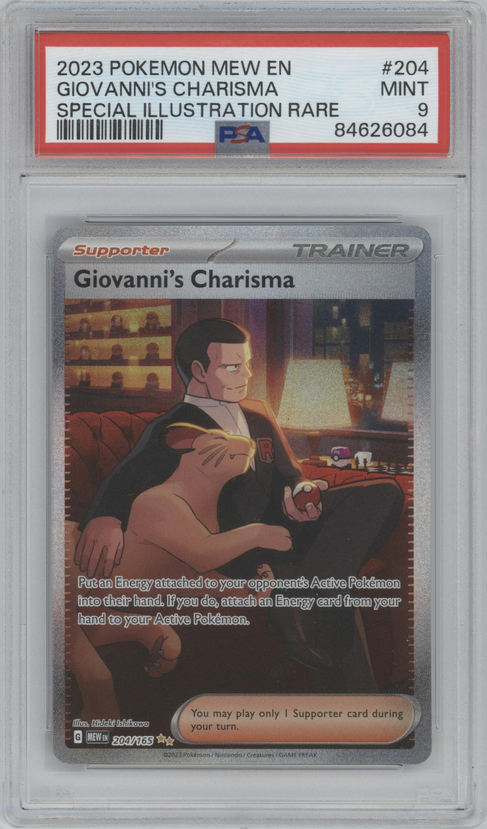 Giovanni's Charisma from the 2023 Pokemon SV set graded by PSA and given an overall grade of 9.