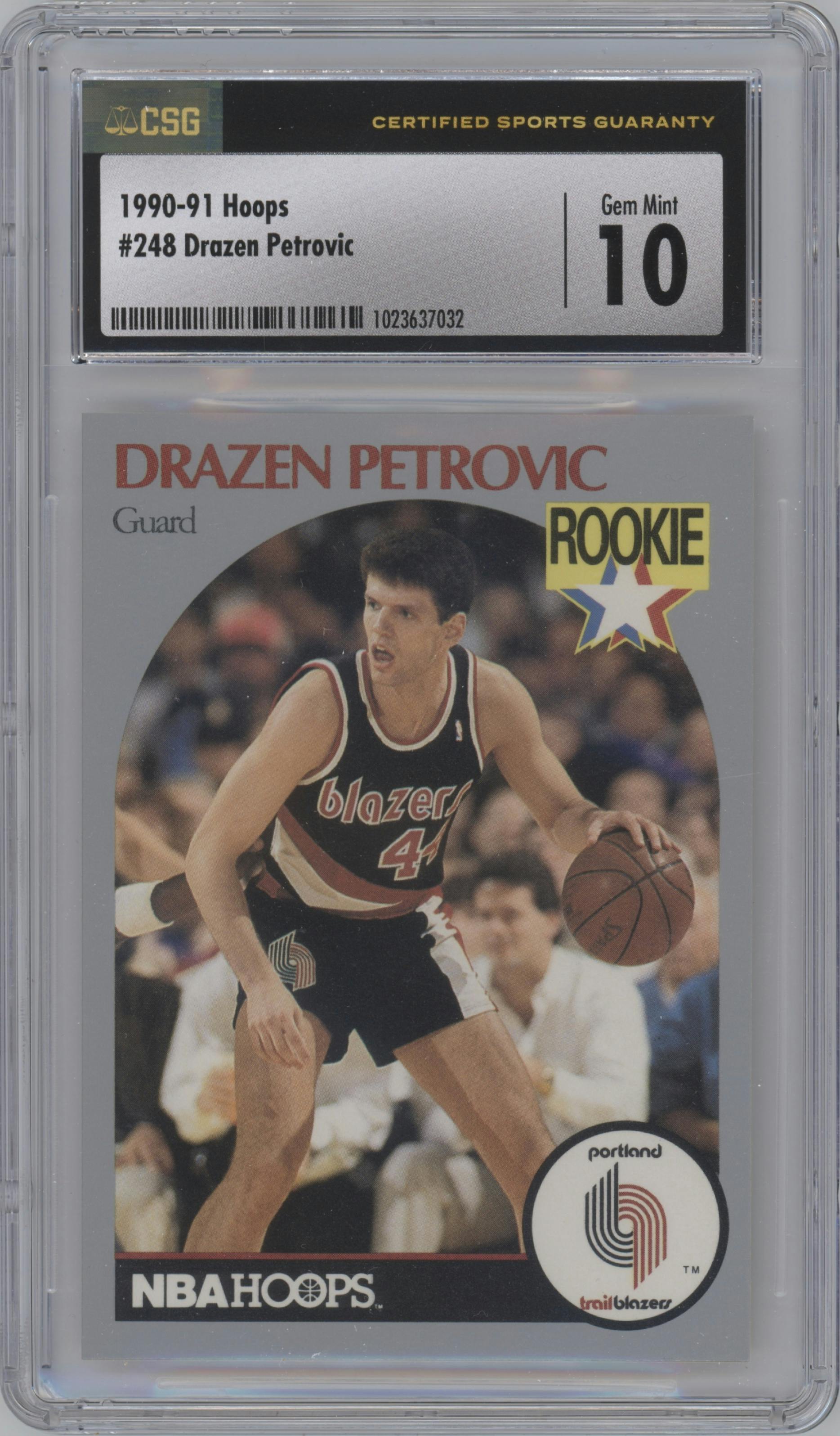 Drazen Petrovic from the 1990-91 NBA Hoops set graded by CSG and given an overall grade of 10.