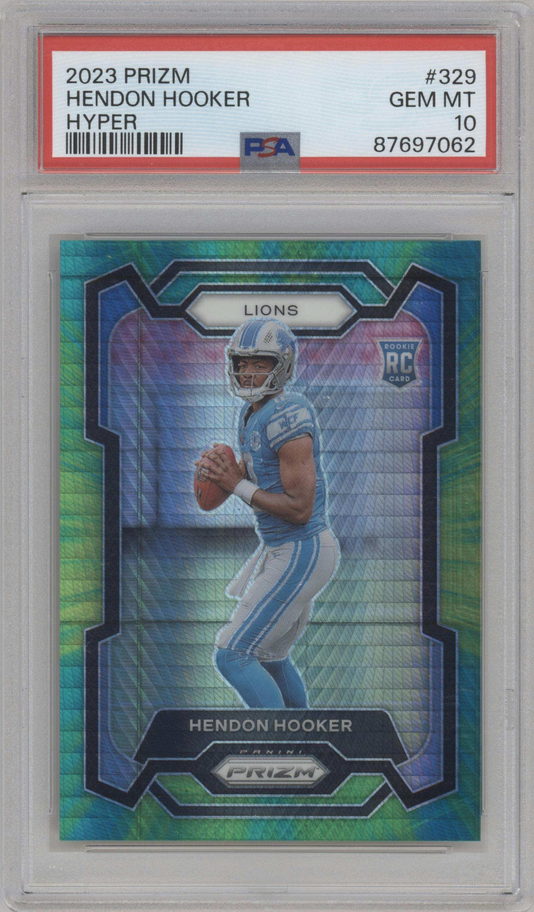 Hendon Hooker from the 2023 Panini Prizm set featuring a Hyper parallel graded by PSA and given an overall grade of 10.