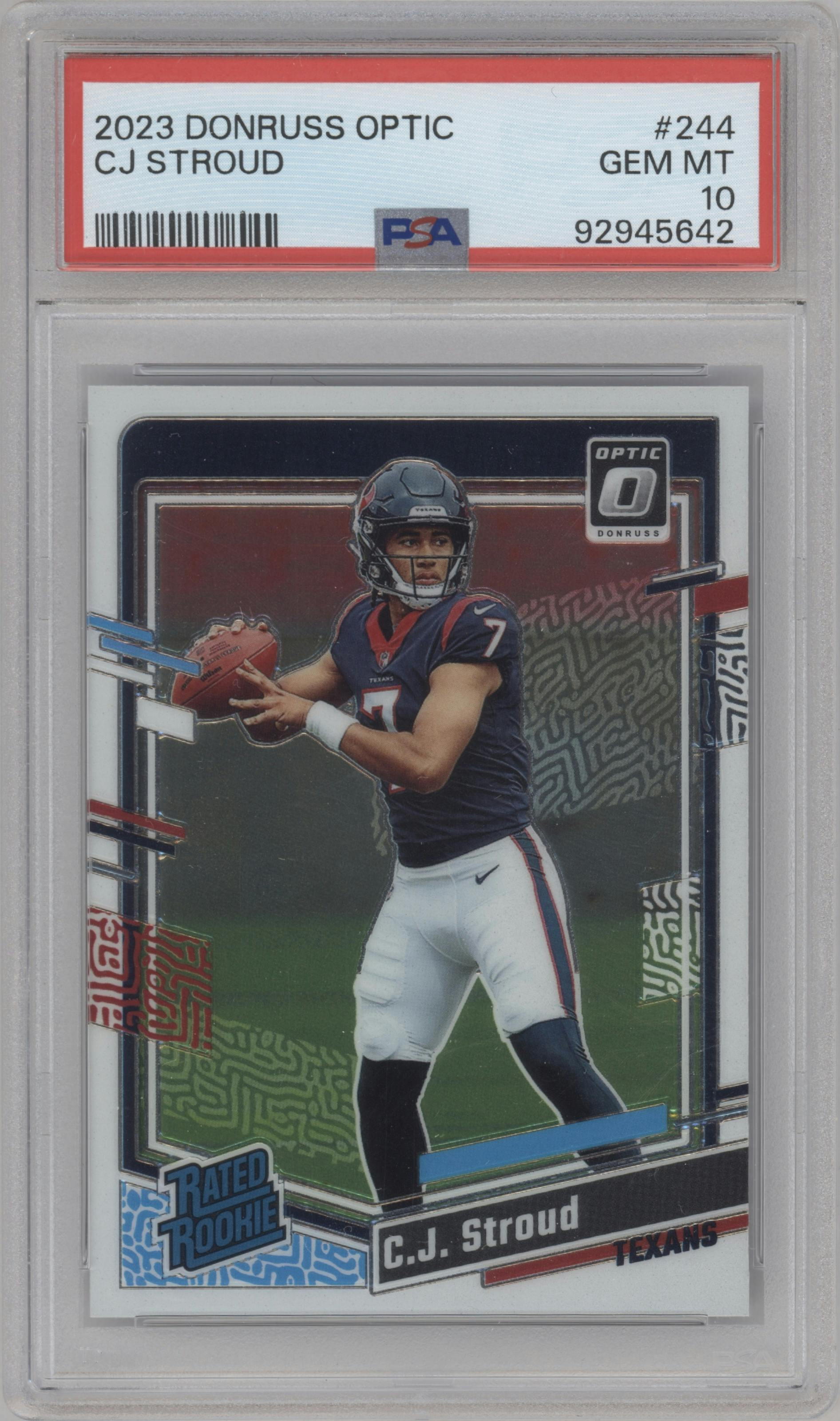 C.J. Stroud from the 2023 Donruss Optic set graded by PSA and given an overall grade of 10.