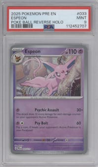 Espeon from the 2025 Pokemon SV set featuring a Poke Ball parallel graded by PSA and given an overall grade of 9.