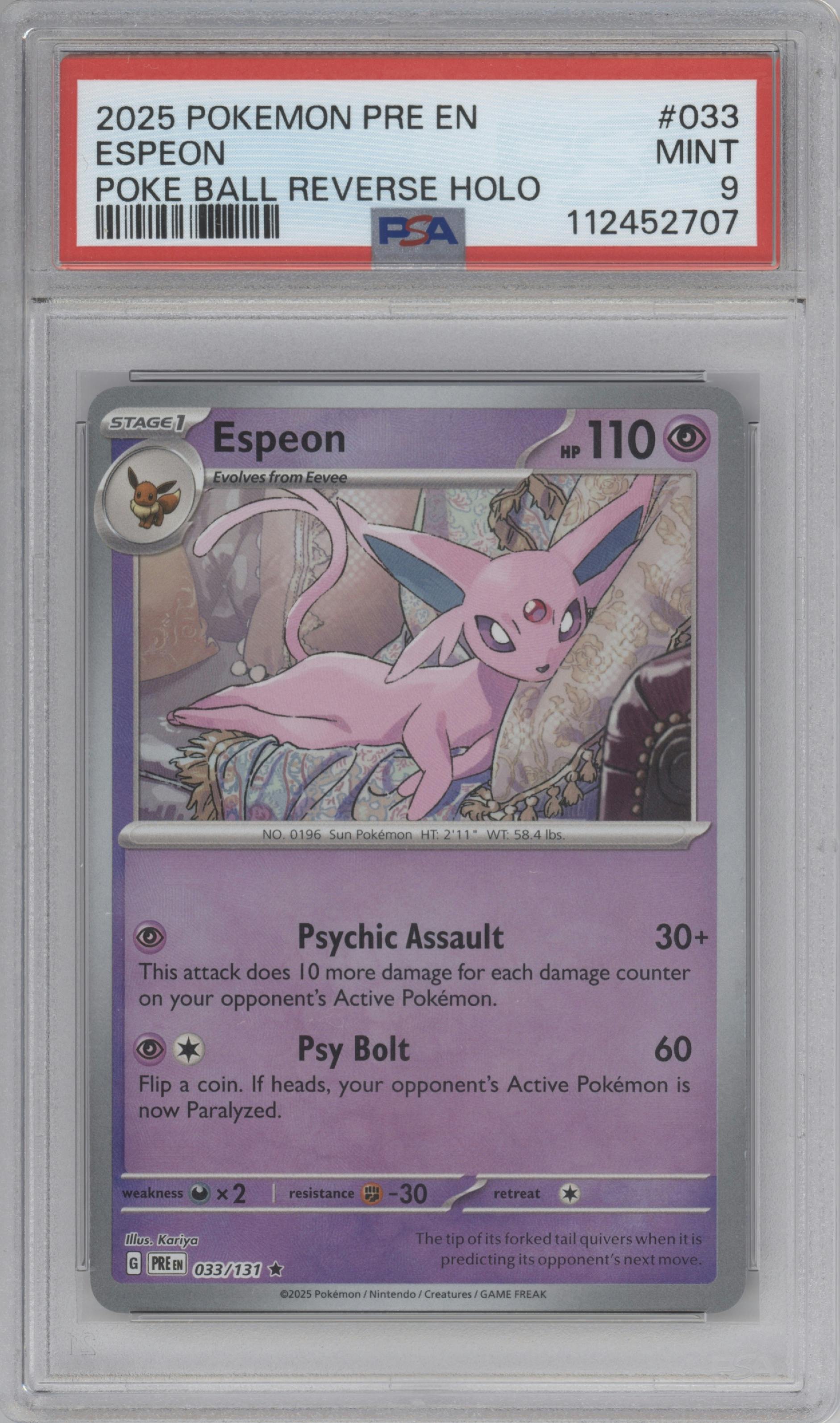 Espeon from the 2025 Pokemon SV set featuring a Poke Ball parallel graded by PSA and given an overall grade of 9.