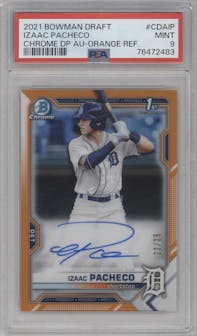 Izaac Pacheco from the 2021 Bowman Draft set featuring a Orange Refractor parallel graded by PSA and given an overall grade of 9.