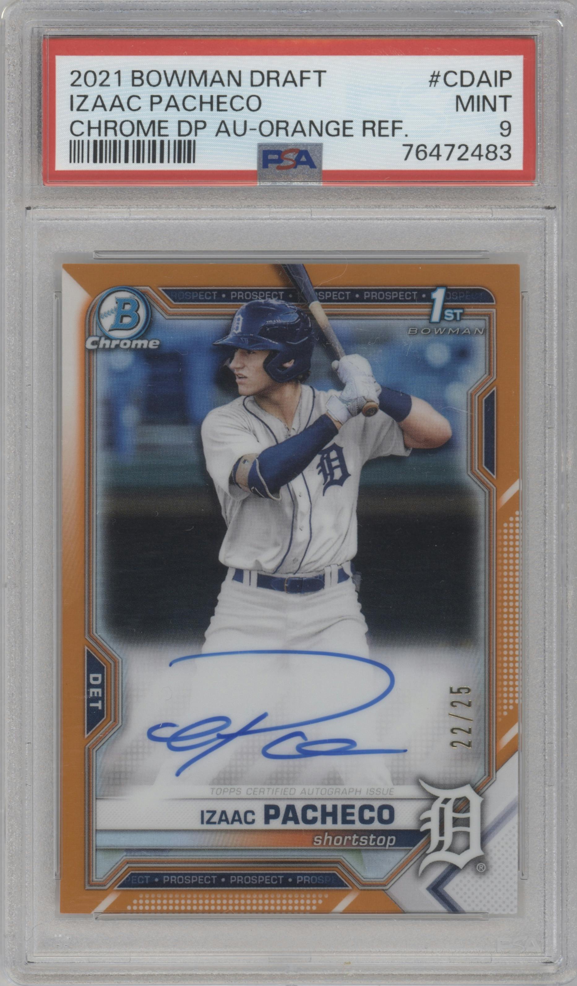 Izaac Pacheco from the 2021 Bowman Draft set featuring a Orange Refractor parallel graded by PSA and given an overall grade of 9.