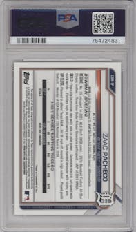Izaac Pacheco from the 2021 Bowman Draft set featuring a Orange Refractor parallel graded by PSA and given an overall grade of 9.