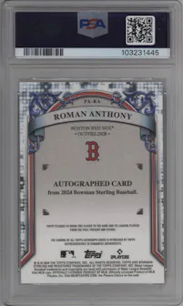 Roman Anthony from the 2024 Bowman Sterling set featuring a Gold Refractor parallel graded by PSA and given an overall grade of 10.