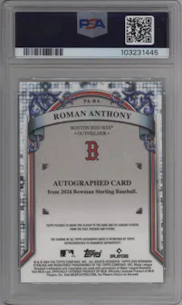 Roman Anthony from the 2024 Bowman Sterling set featuring a Gold Refractor parallel graded by PSA and given an overall grade of 10.