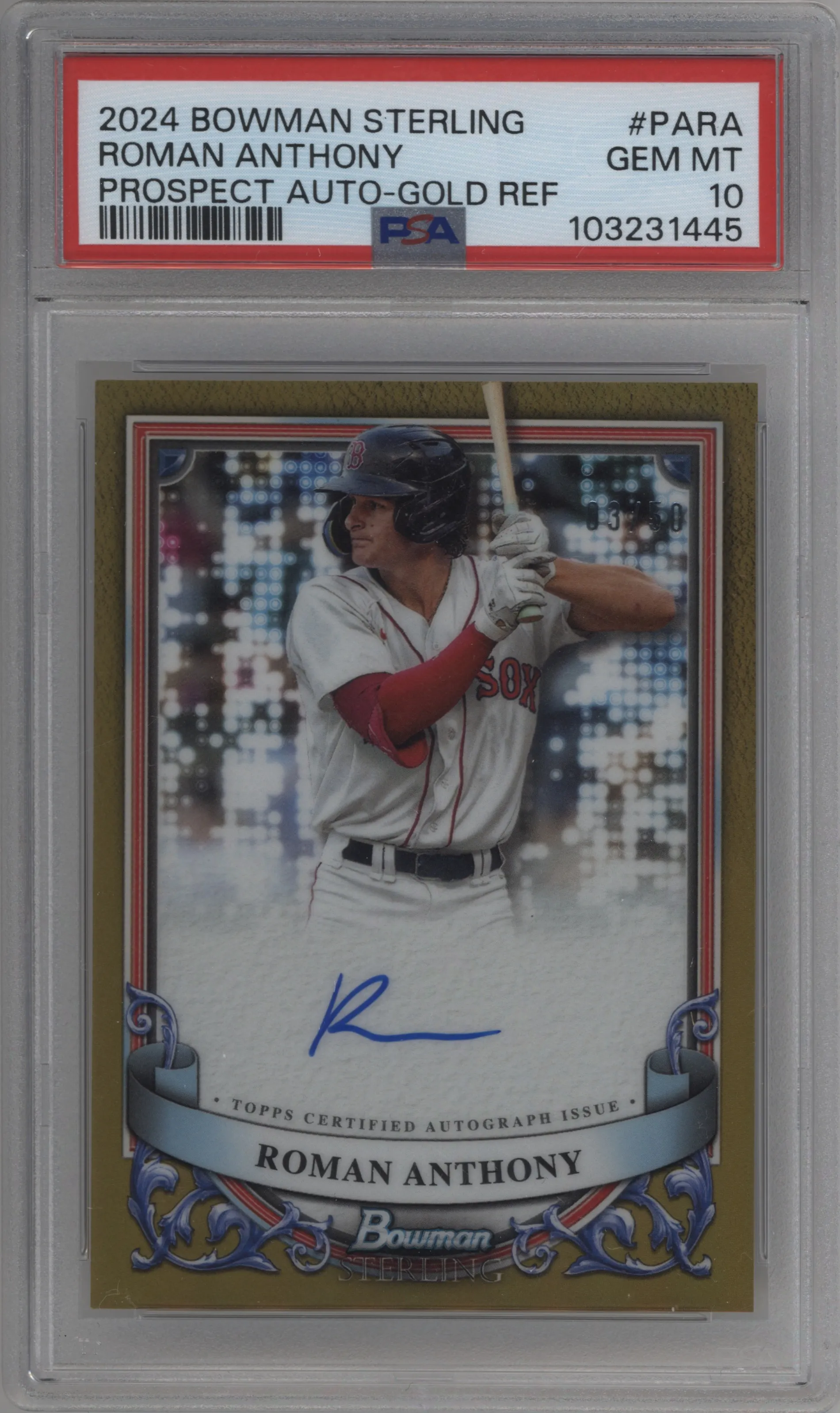 Roman Anthony from the 2024 Bowman Sterling set featuring a Gold Refractor parallel graded by PSA and given an overall grade of 10.