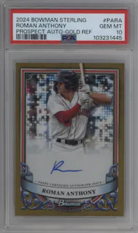 Roman Anthony from the 2024 Bowman Sterling set featuring a Gold Refractor parallel graded by PSA and given an overall grade of 10.