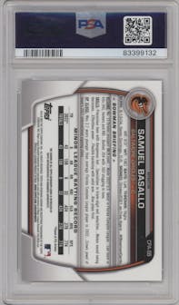 Samuel Basallo from the 2023 Bowman Chrome set featuring a Refractor parallel graded by PSA and given an overall grade of 10.