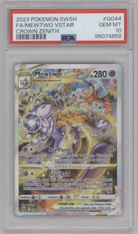 Mewtwo VSTAR from the 2023 Pokemon SWSH set graded by PSA and given an overall grade of 10.