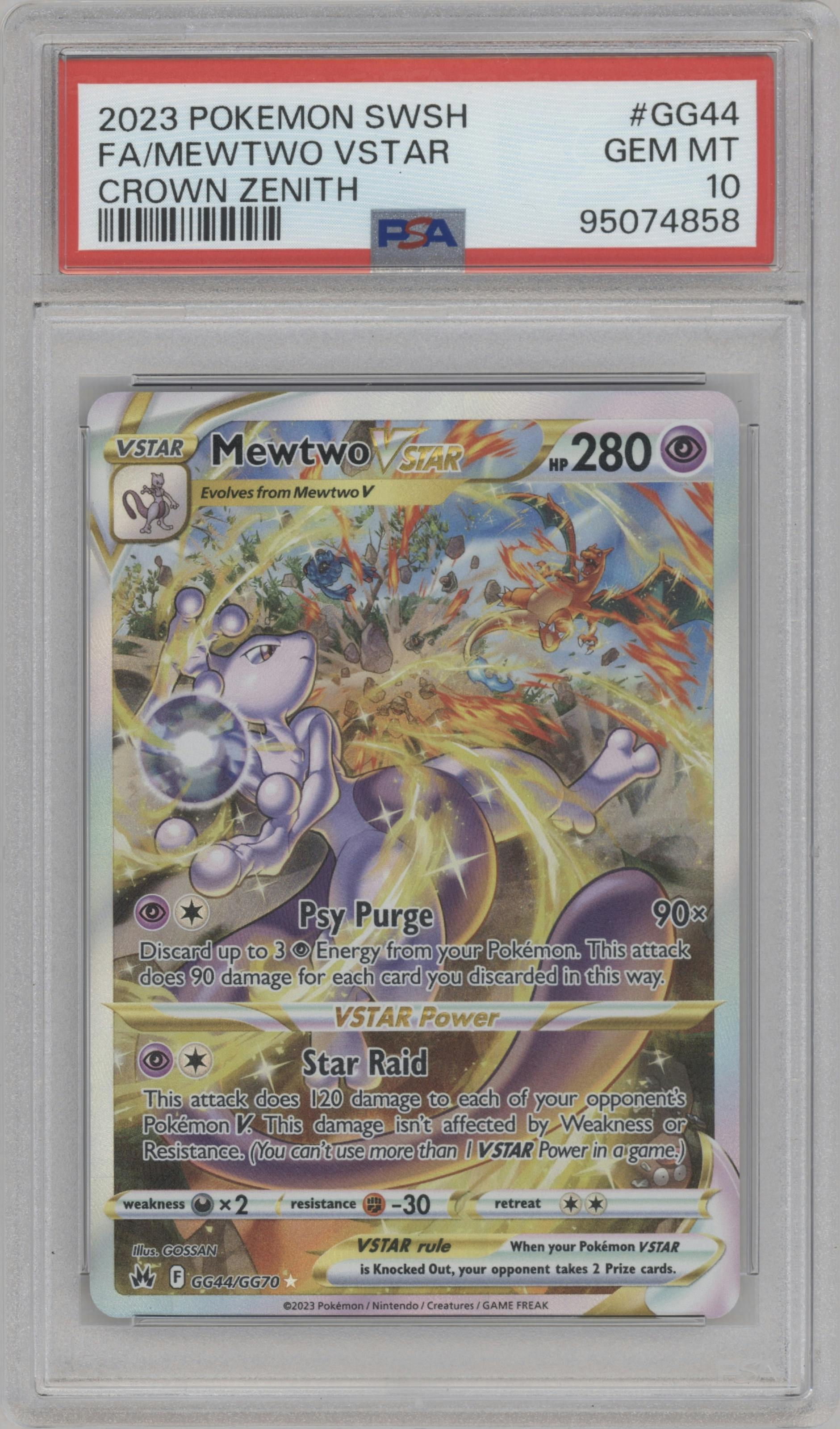 Mewtwo VSTAR from the 2023 Pokemon SWSH set graded by PSA and given an overall grade of 10.