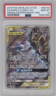 Garchomp & Giratina GX  from the 2019 Pokemon S&M  set featuring a Power Partnership Tins parallel graded by PSA and given an overall grade of 10.