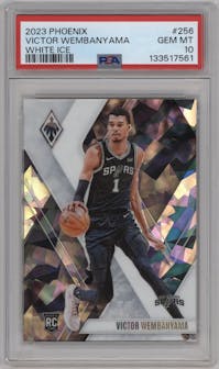 Victor Wembanyama from the 2023-24 Panini Phoenix set featuring a White Ice Phoenix parallel graded by PSA and given an overall grade of 10.