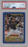 Jared Jones from the 2024 Topps Chrome set featuring a Blue Wave Refractor parallel graded by PSA and given an overall grade of 10.
