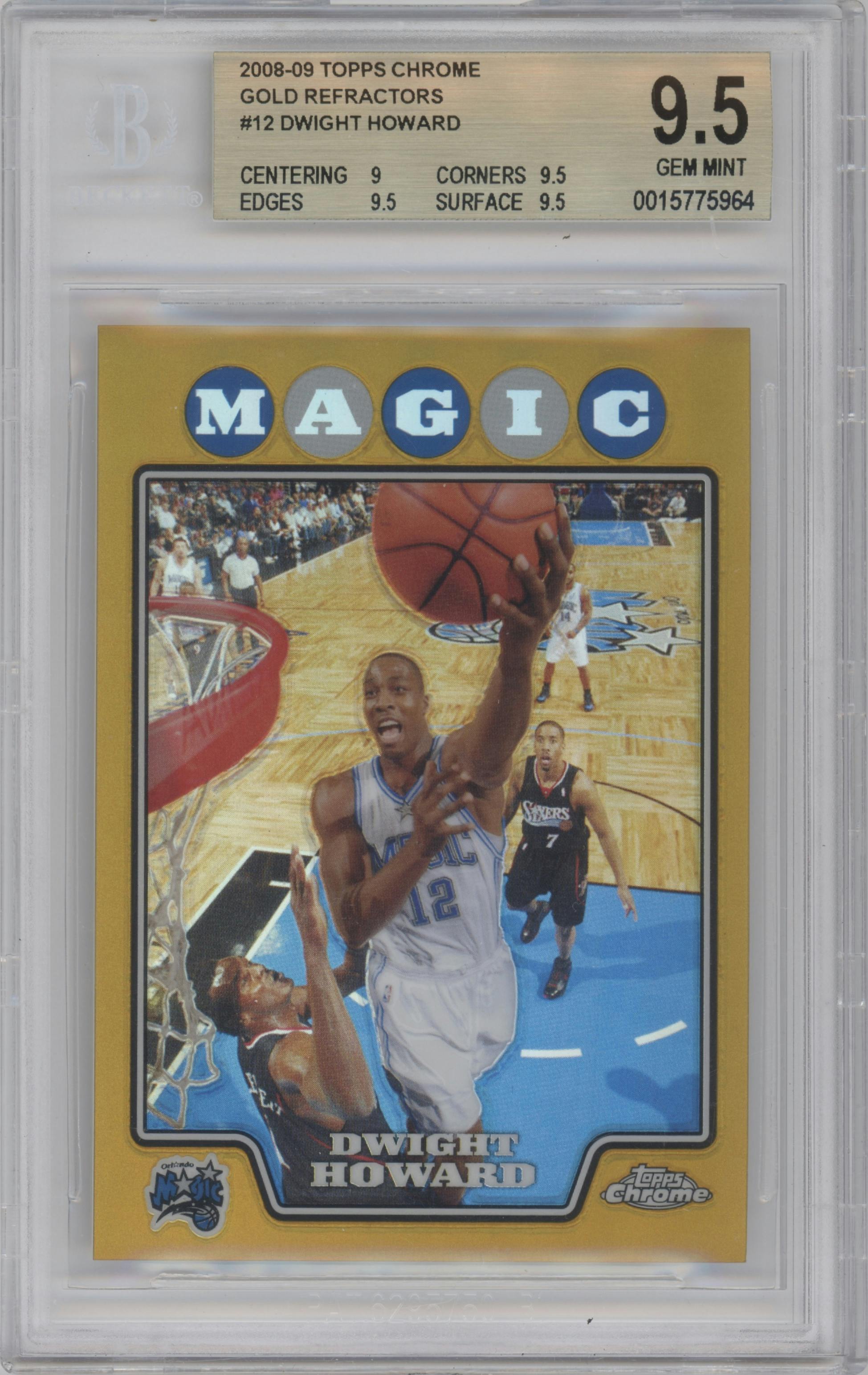 Dwight Howard from the 2008-09 Topps Chrome  set featuring a Gold Refractor parallel graded by Beckett and given an overall grade of 9.5.