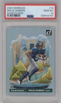 Malik Nabers  from the 2024 Donruss set graded by PSA and given an overall grade of 10.