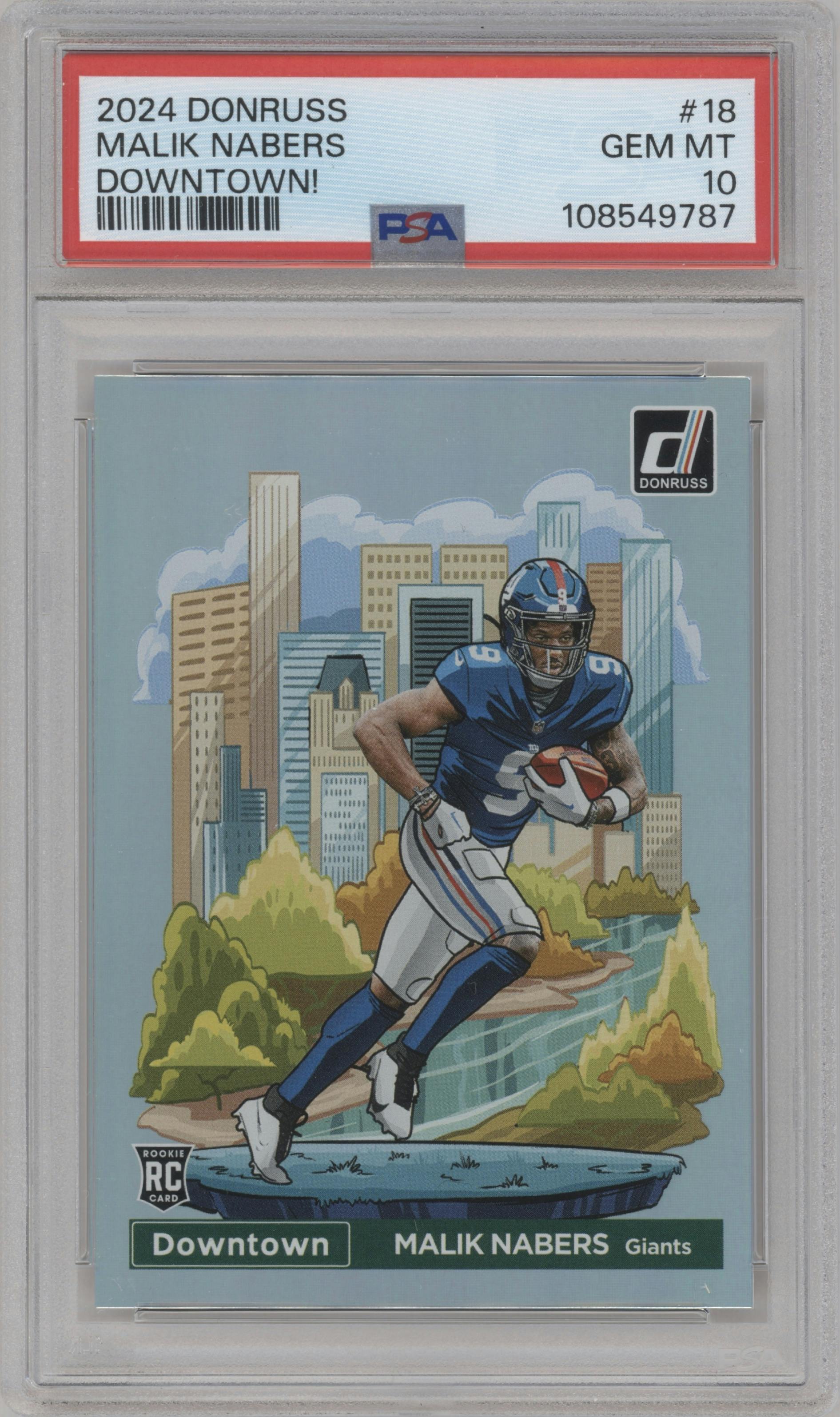 Malik Nabers  from the 2024 Donruss set graded by PSA and given an overall grade of 10.