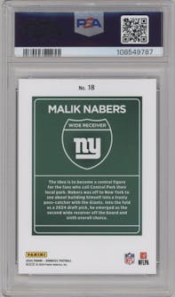 Malik Nabers  from the 2024 Donruss set graded by PSA and given an overall grade of 10.