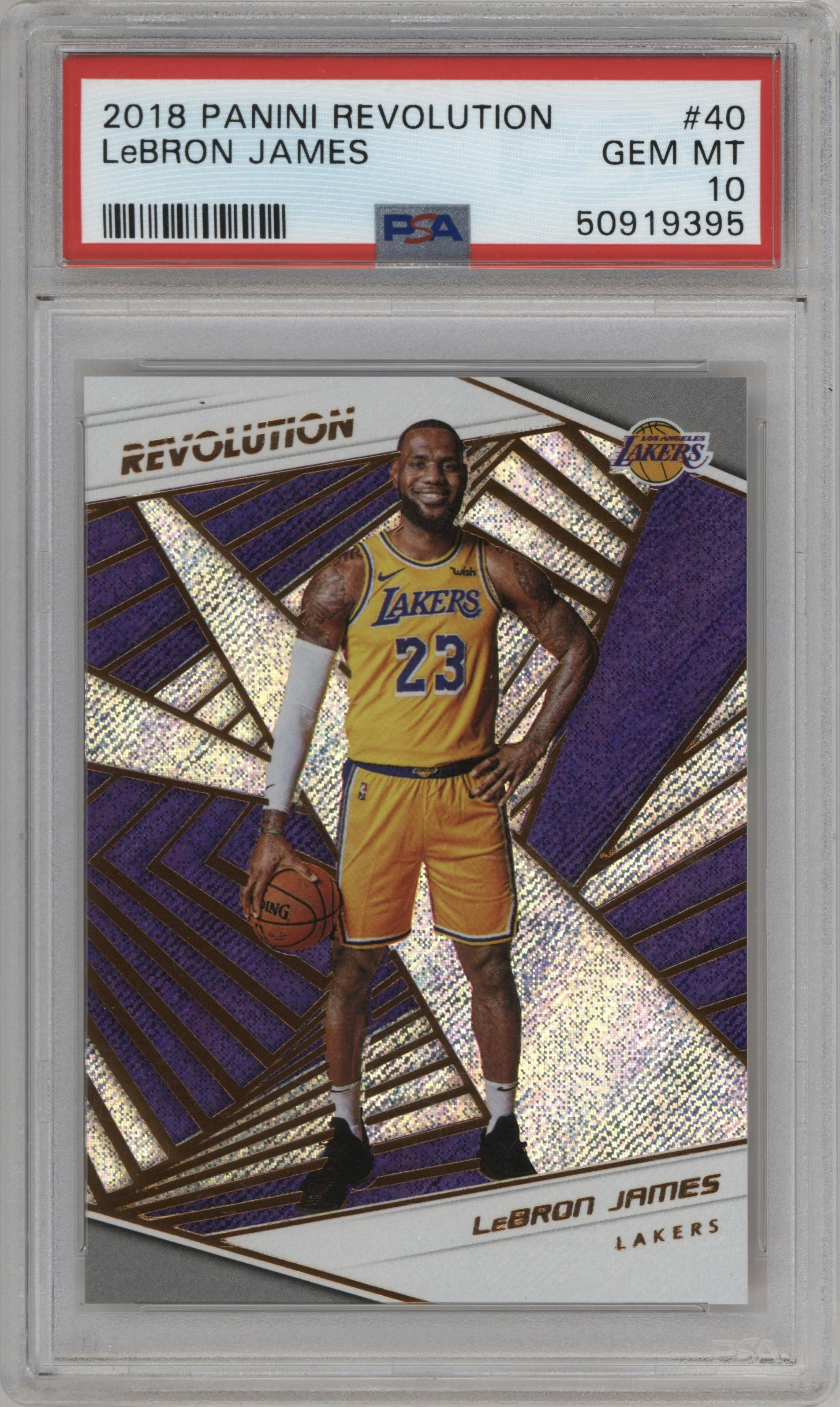 LeBron James from the 2018-19 Panini Revolution  set graded by PSA and given an overall grade of 10.