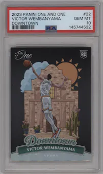 Victor Wembanyama from the 2023-24 Panini One and One set graded by PSA and given an overall grade of 10.