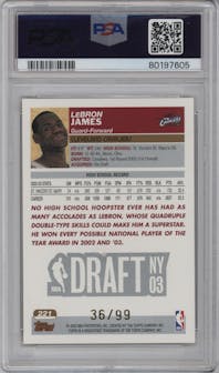 LeBron James from the 2003-04 Topps set featuring a Gold parallel graded by PSA and given an overall grade of 9.