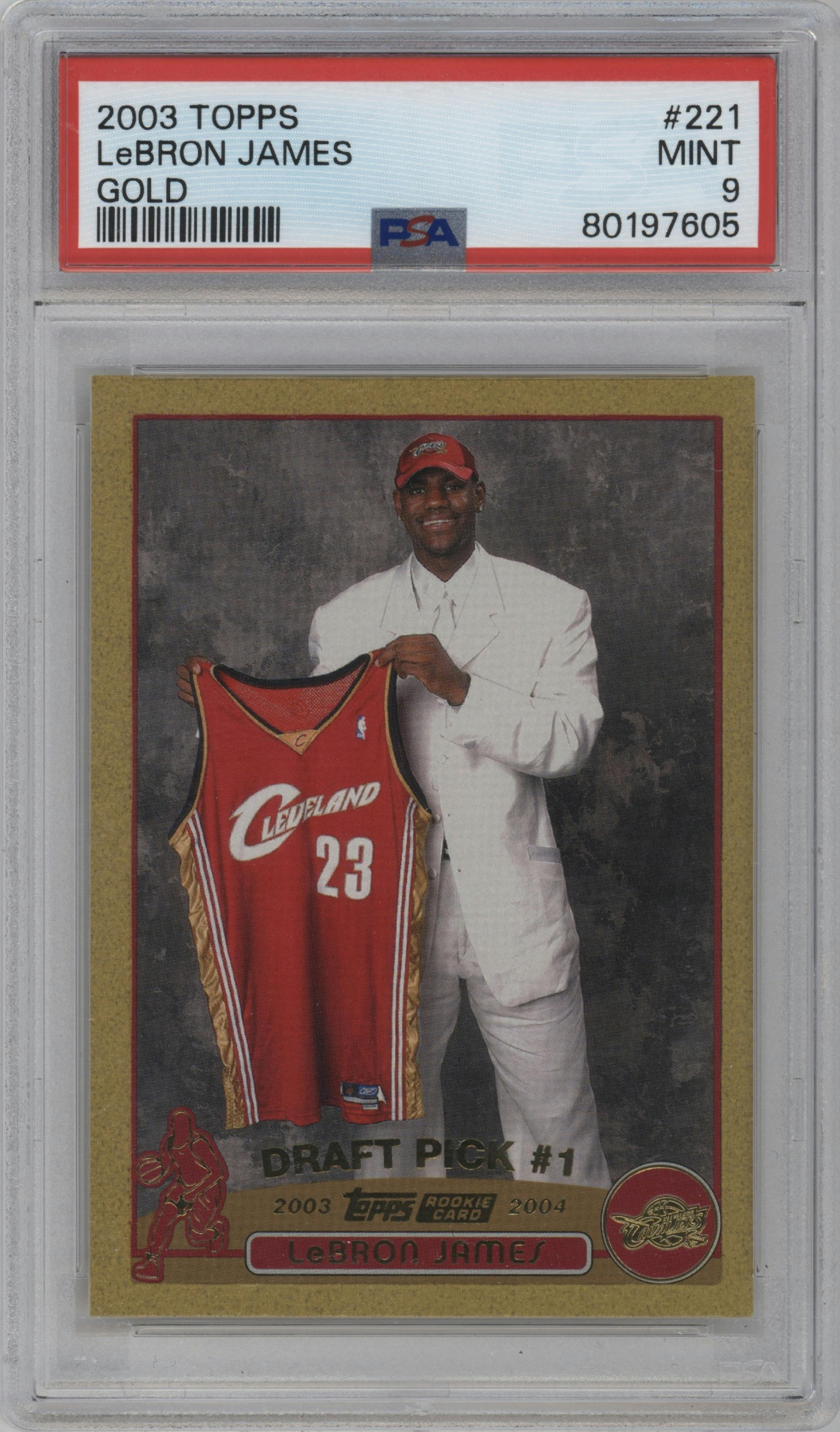 LeBron James from the 2003-04 Topps set featuring a Gold parallel graded by PSA and given an overall grade of 9.